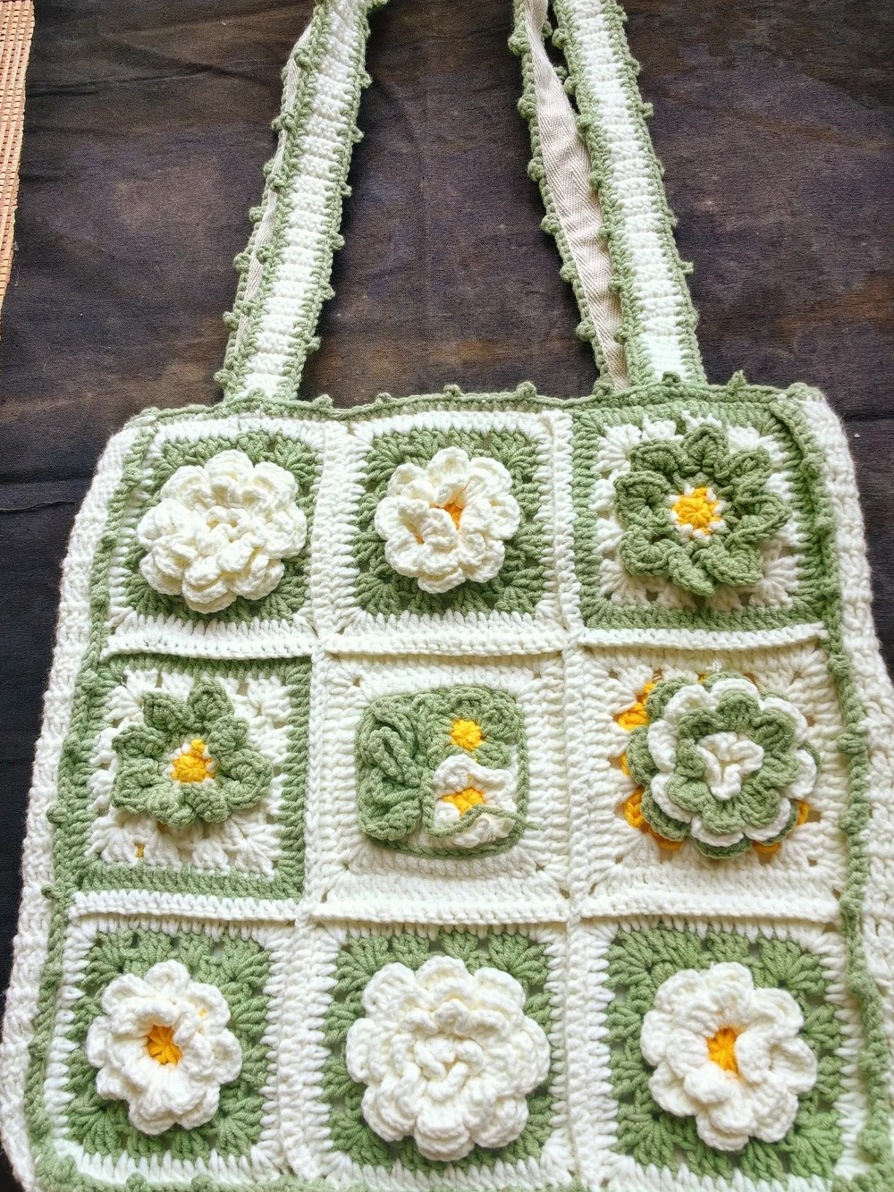 Handmade White Canvas Bag with Mint Green Crochet Trim crochet shoulder bag - Picture 5 of 10